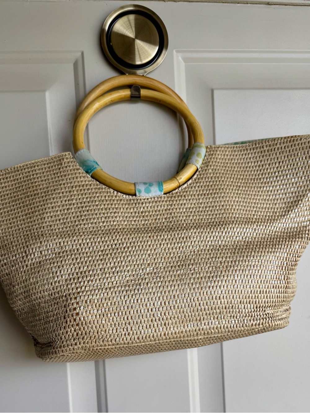 Neiman Marcus Natural Straw Tote with Bamboo Ring Handles